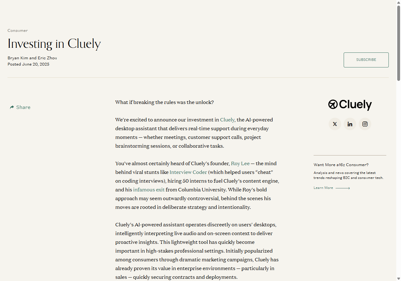 a16z announcement: Investing in Cluely, by Bryan Kim and Eric Zhou, June 20, 2025