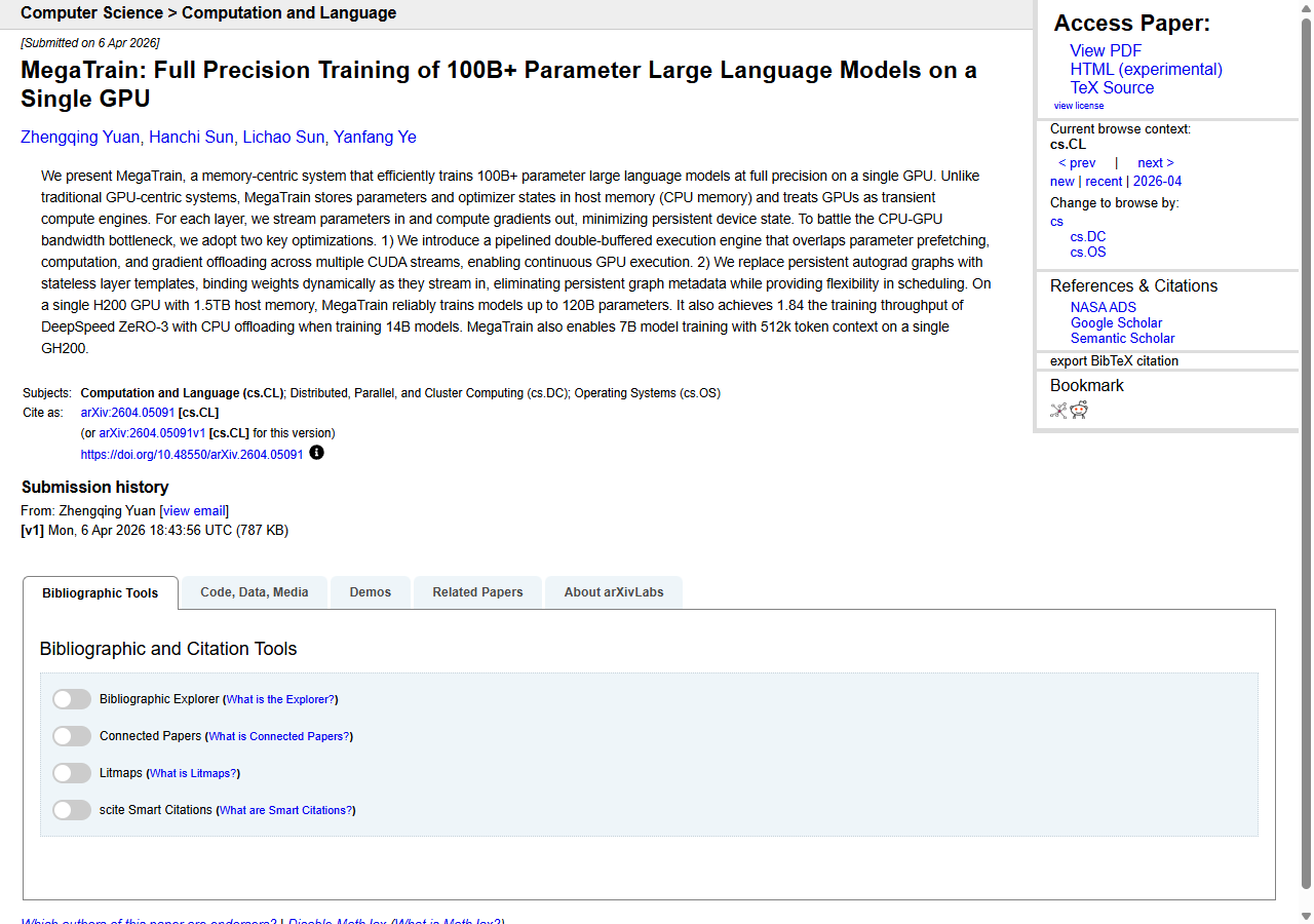 MegaTrain arxiv abstract page