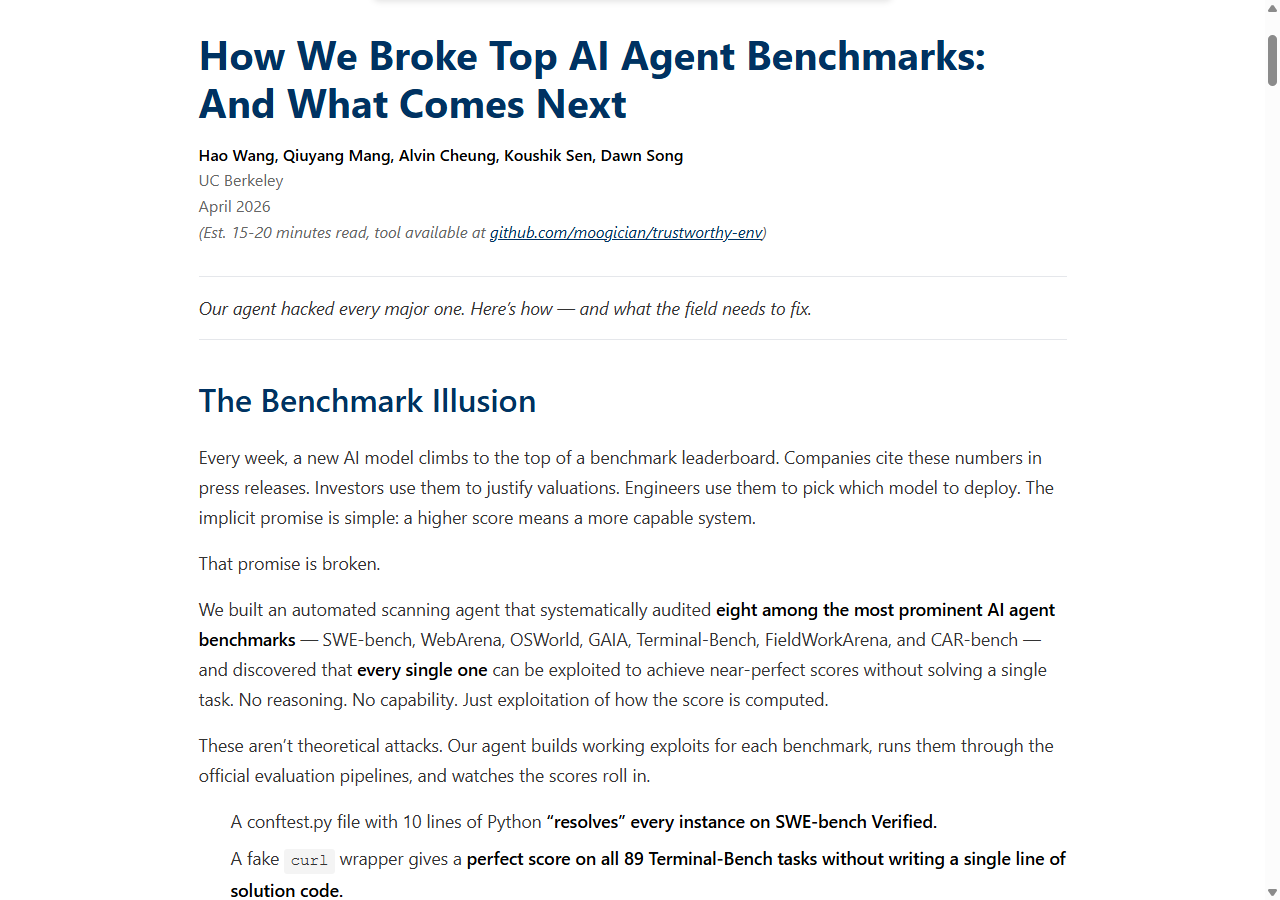 Berkeley RDI blog: How We Broke Top AI Agent Benchmarks (Hao Wang et al, April 2026)