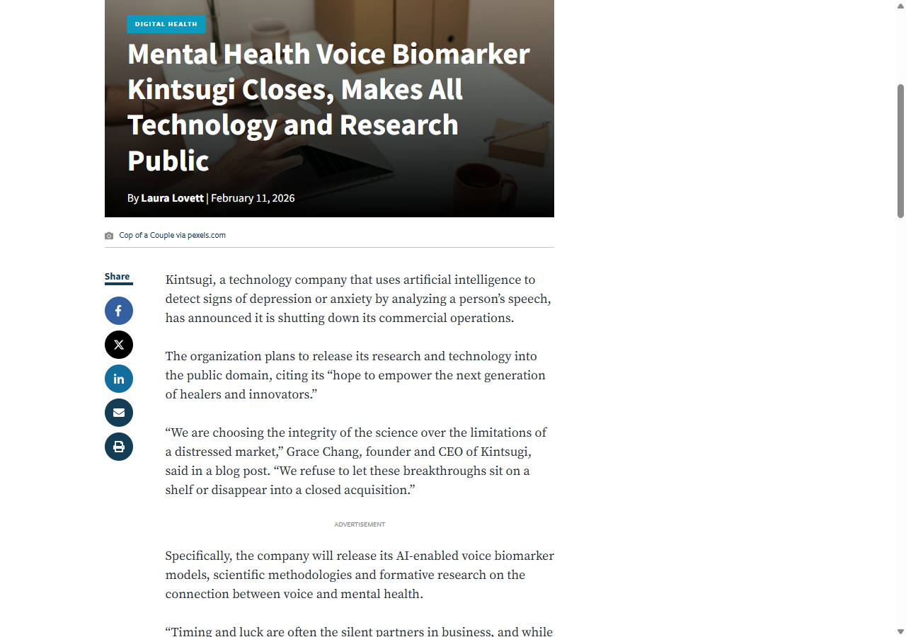 Behavioral Health Business: Mental Health Voice Biomarker Kintsugi Closes, Makes All Technology and Research Public