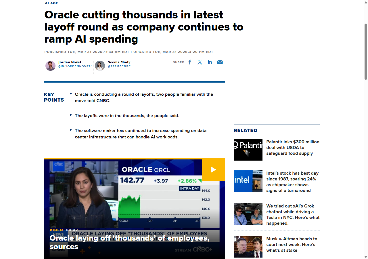 CNBC: Oracle cutting thousands in latest layoff round as company continues to ramp AI spending