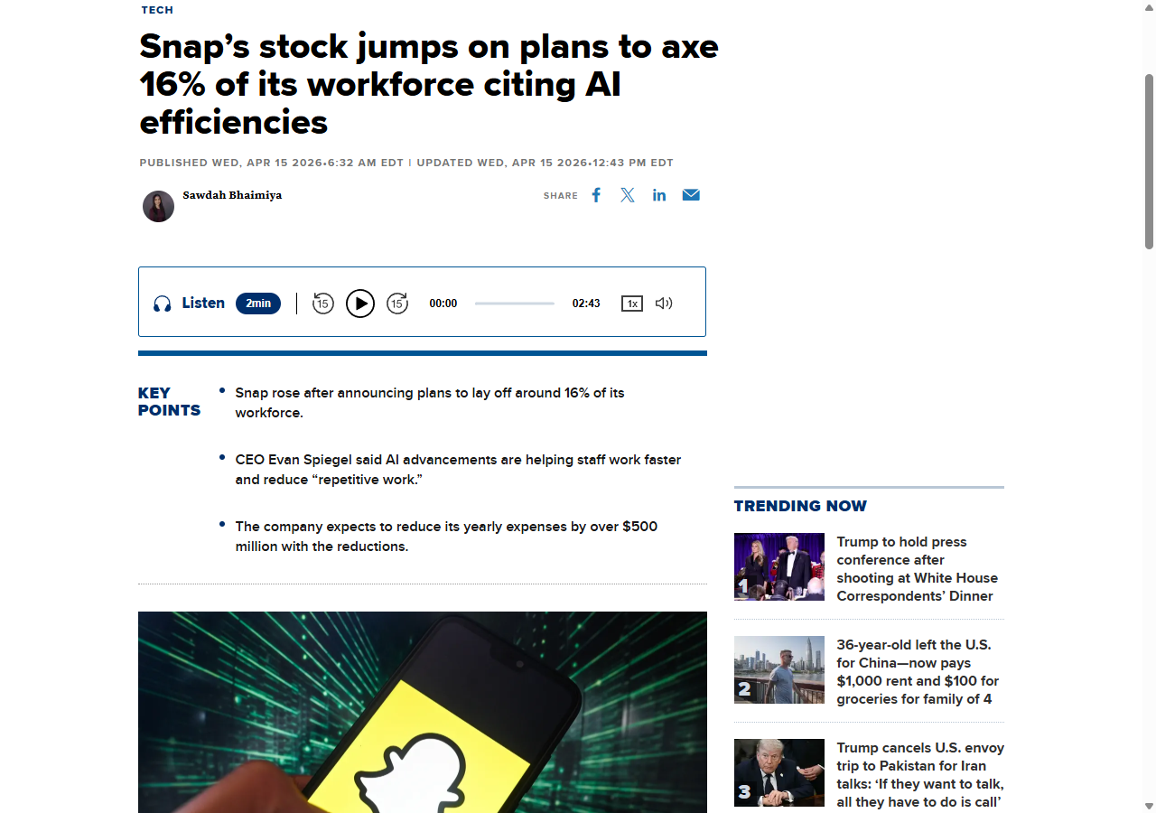 CNBC: Snap's stock jumps on plans to axe 16% of its workforce citing AI efficiencies
