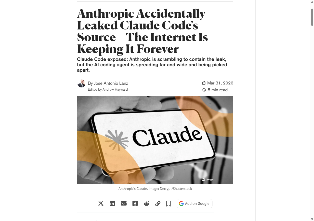 Decrypt headline: Anthropic Accidentally Leaked Claude Code's Source