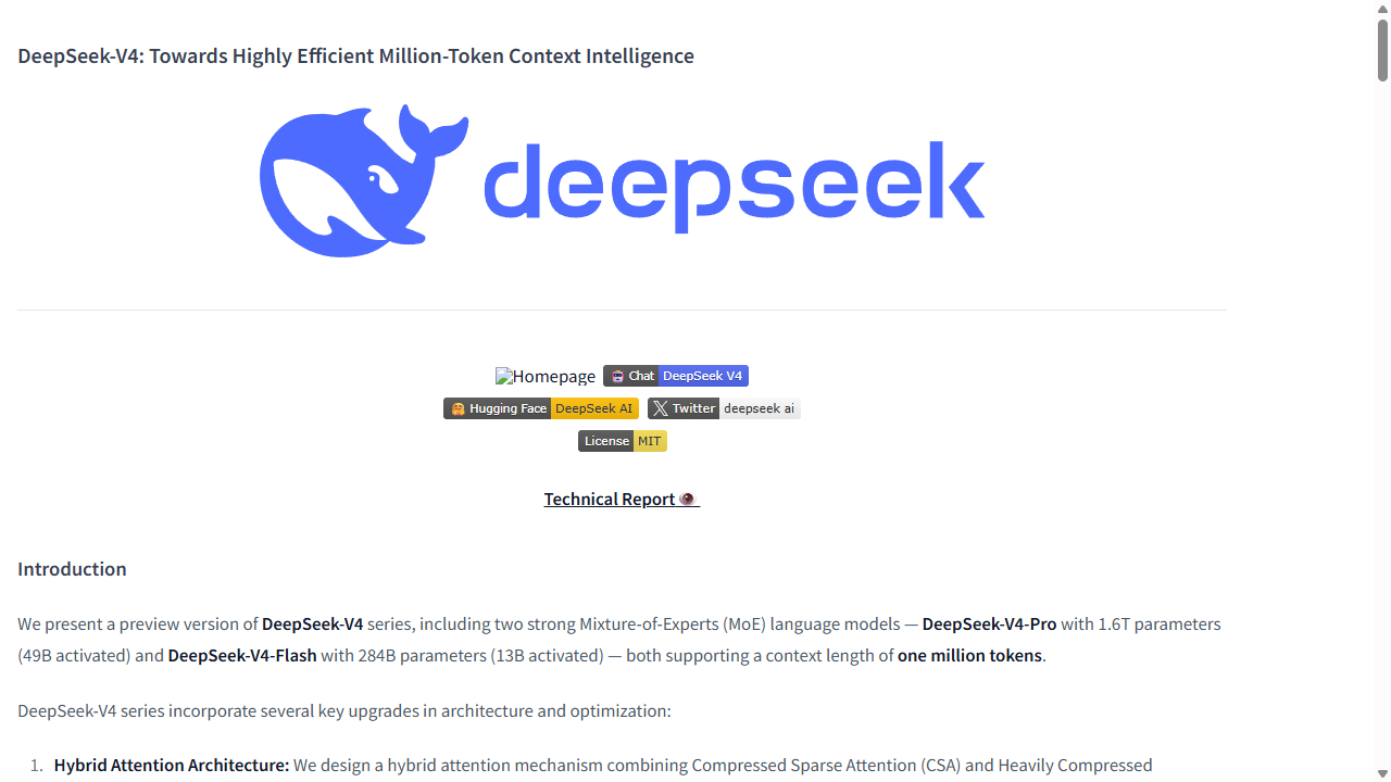 Hugging Face: DeepSeek-V4 model card with MIT license badge and Introduction text