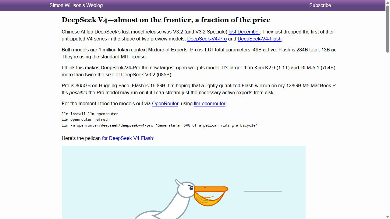 Simon Willison: DeepSeek V4 — almost on the frontier, a fraction of the price (article body)