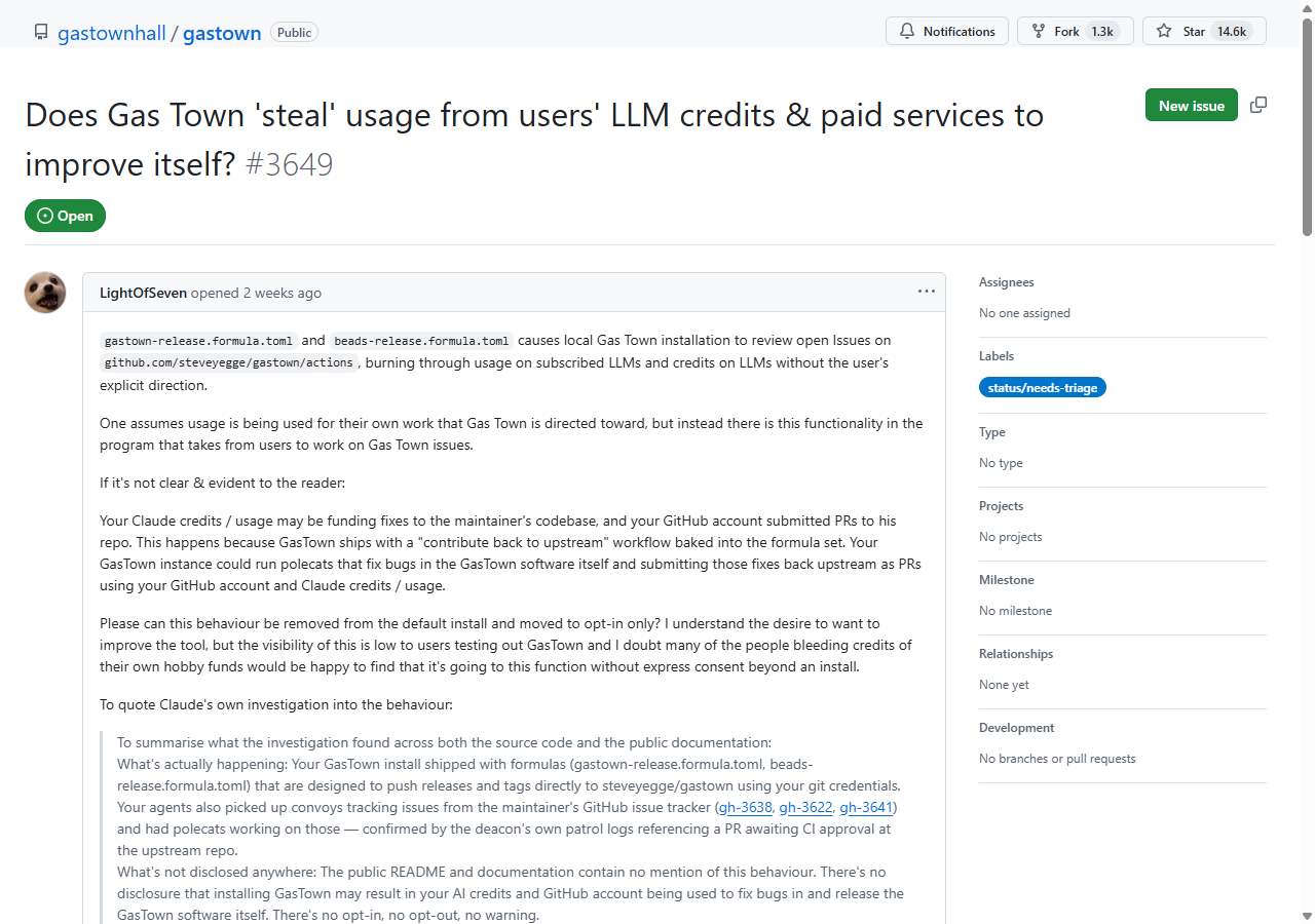 GitHub Issue #3649: Does Gas Town steal usage from users LLM credits?