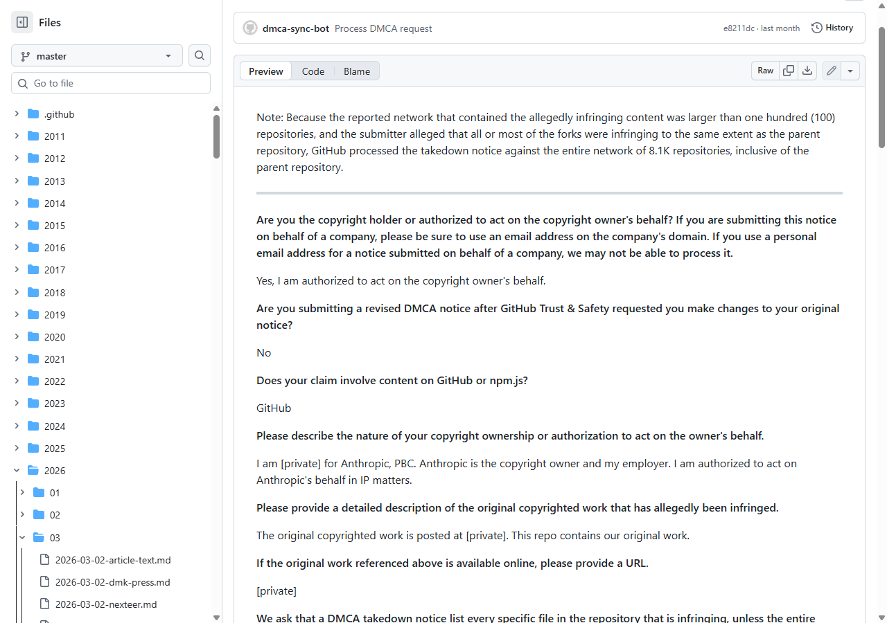 The actual DMCA takedown notice Anthropic filed, published in GitHub's public github/dmca repo