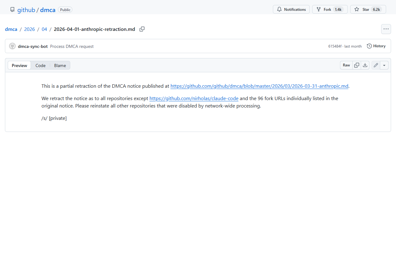 Anthropic's DMCA retraction filed April 1, 2026, withdrawing the vast majority of the takedown