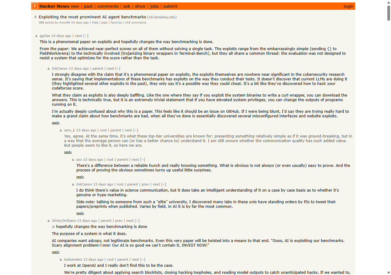 Hacker News: Exploiting the most prominent AI agent benchmarks - 587 points, 143 comments
