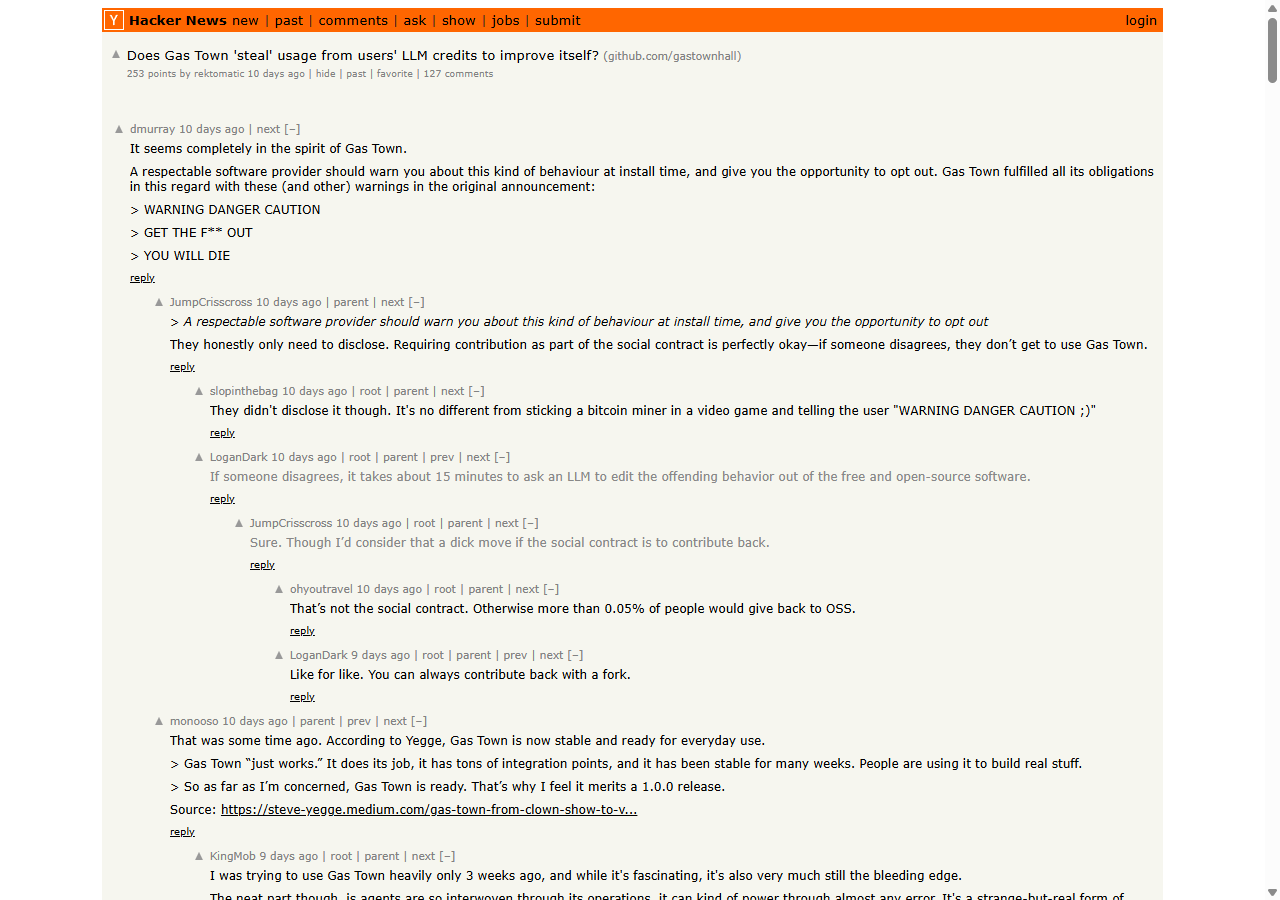 Hacker News thread: 245 points, 116 comments on Gas Town credit theft