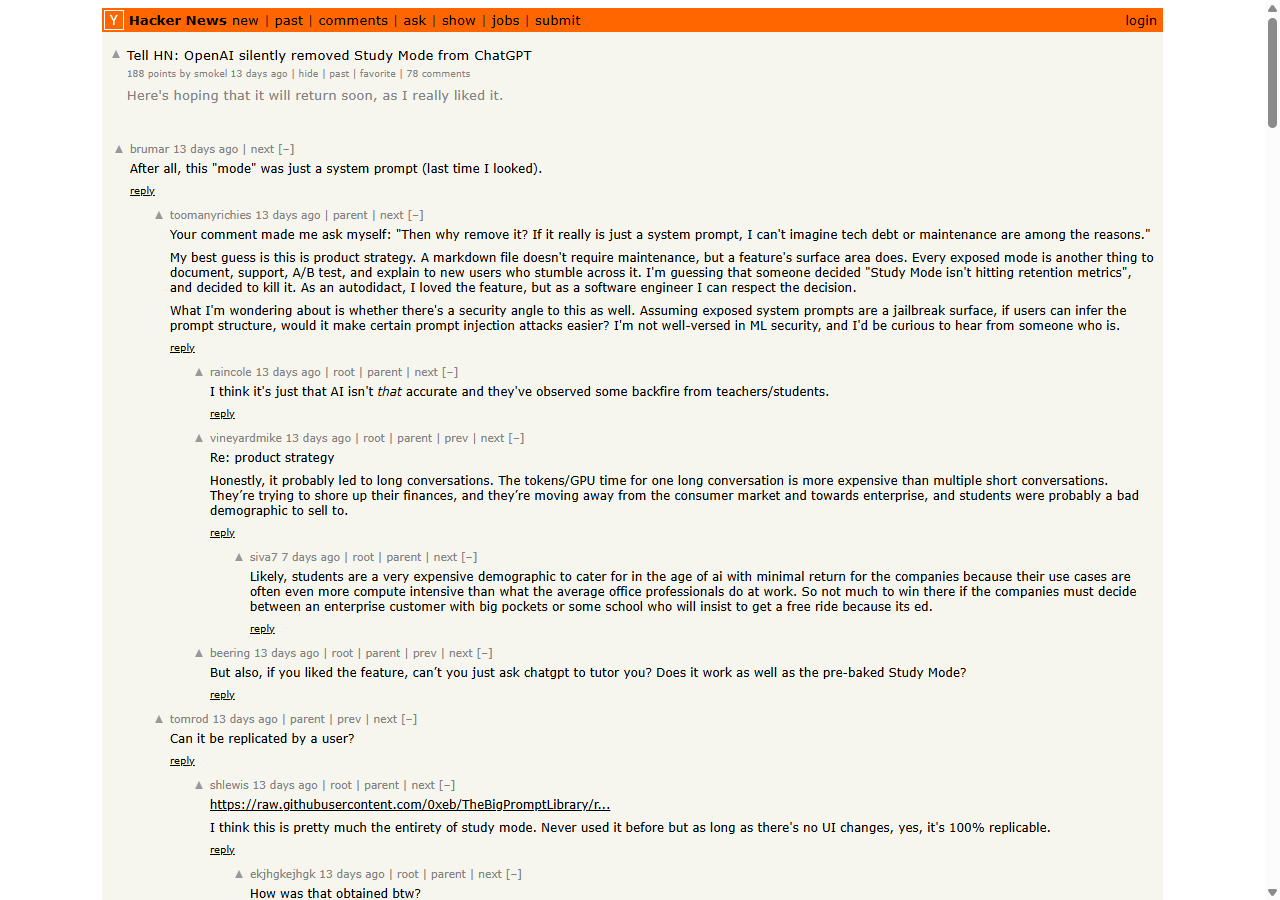 Hacker News thread: OpenAI silently removed Study Mode from ChatGPT
