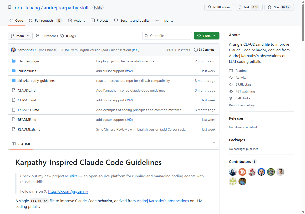 GitHub page for forrestchang/andrej-karpathy-skills showing around 30,000 stars and the CLAUDE.md file