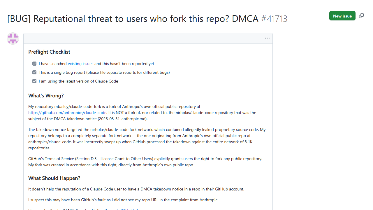 Issue 41713 on anthropics/claude-code titled 'Reputational threat to users who fork this repo? DMCA'