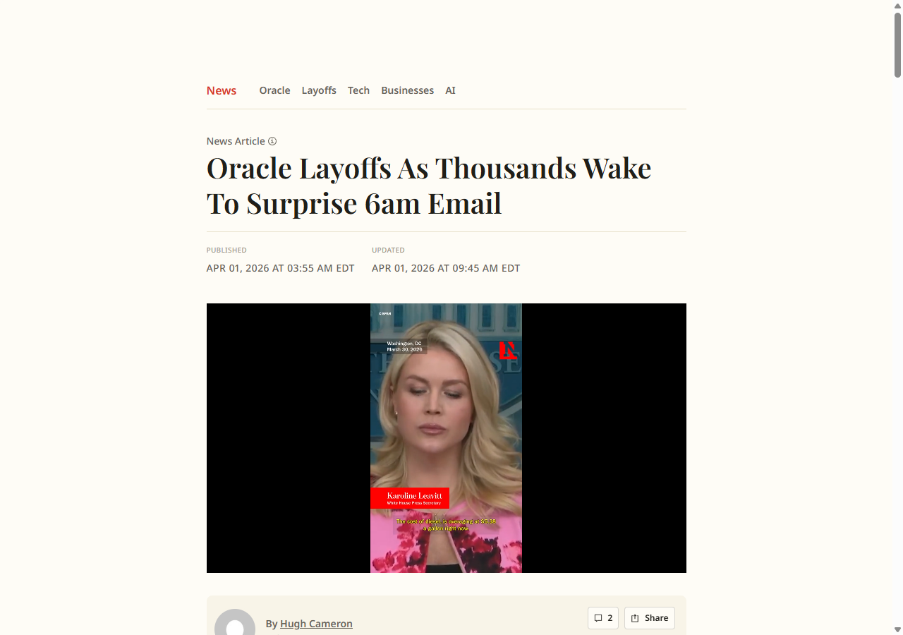 Newsweek: Oracle Layoffs As Thousands Wake To Surprise 6am Email — published April 1, 2026 at 3:55 AM EDT