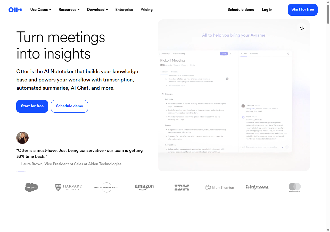 Otter.ai homepage: Turn meetings into insights — AI Notetaker with transcription, summaries, AI Chat
