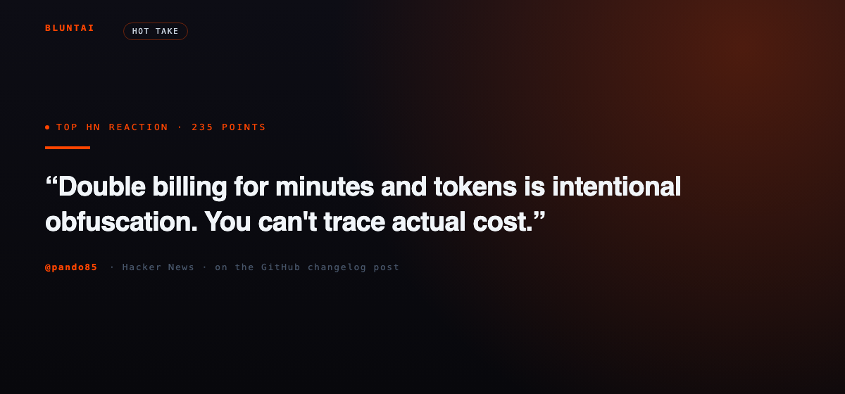 Top HN reaction quote: Double billing for minutes and tokens is intentional obfuscation. You can't trace actual cost. — @pando85