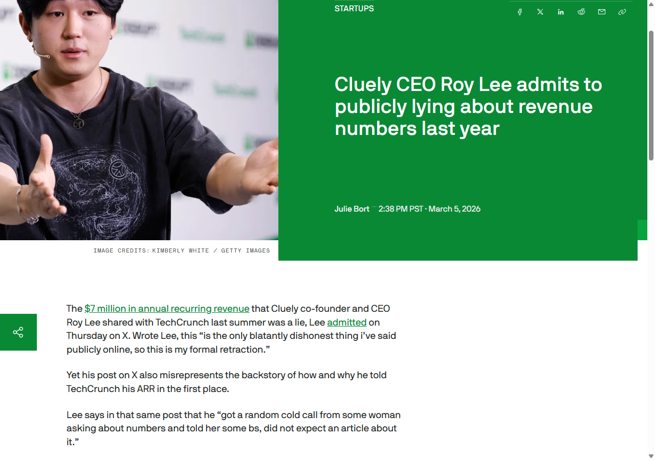 TechCrunch: Cluely CEO Roy Lee admits to publicly lying about revenue numbers last year