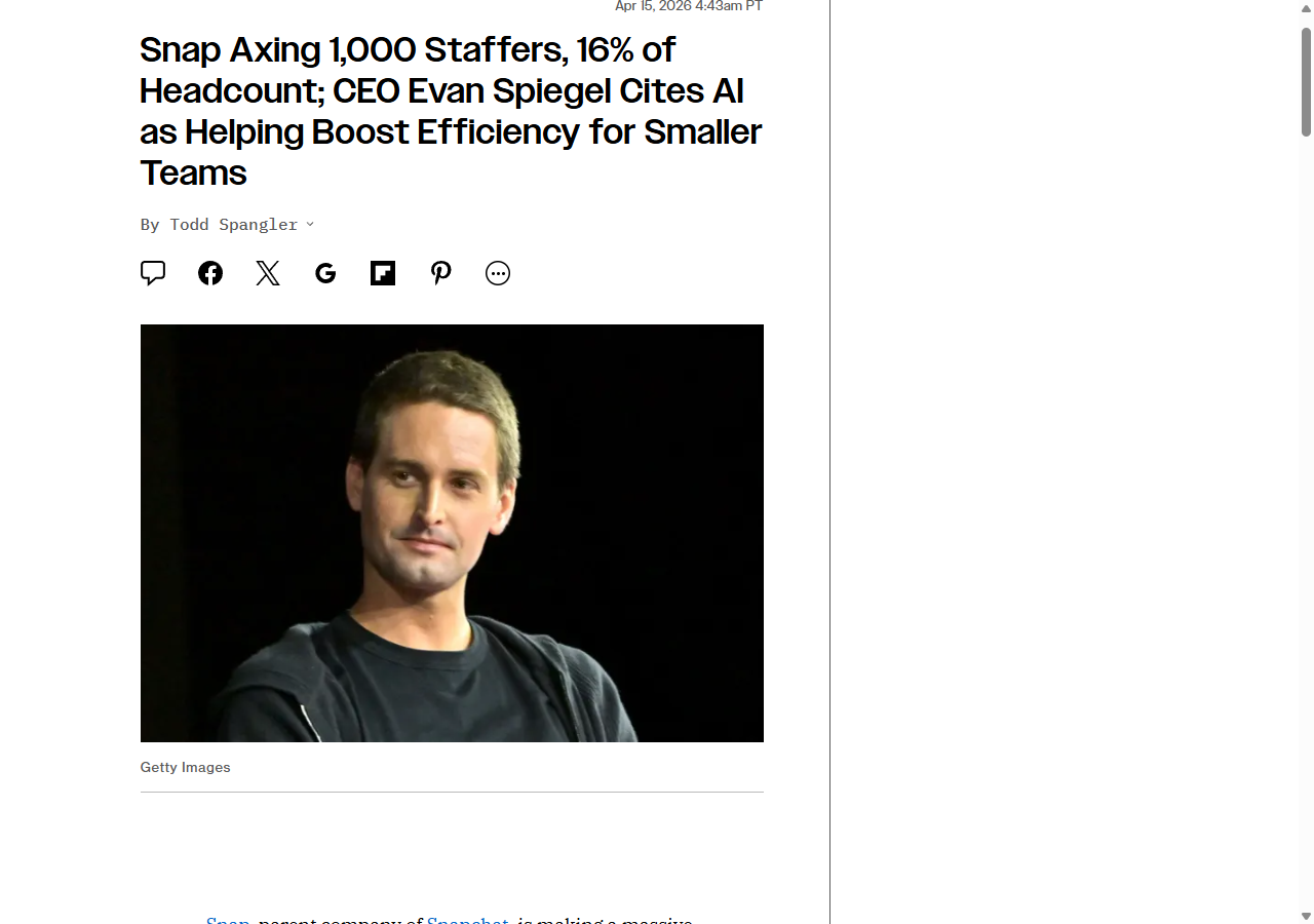 Variety: Snap Axing 1,000 Staffers, 16% of Headcount; CEO Evan Spiegel Cites AI
