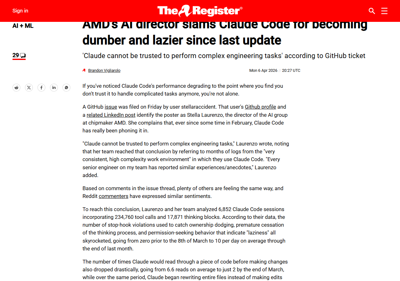 The Register headline: AMD's AI director slams Claude Code for becoming dumber and lazier