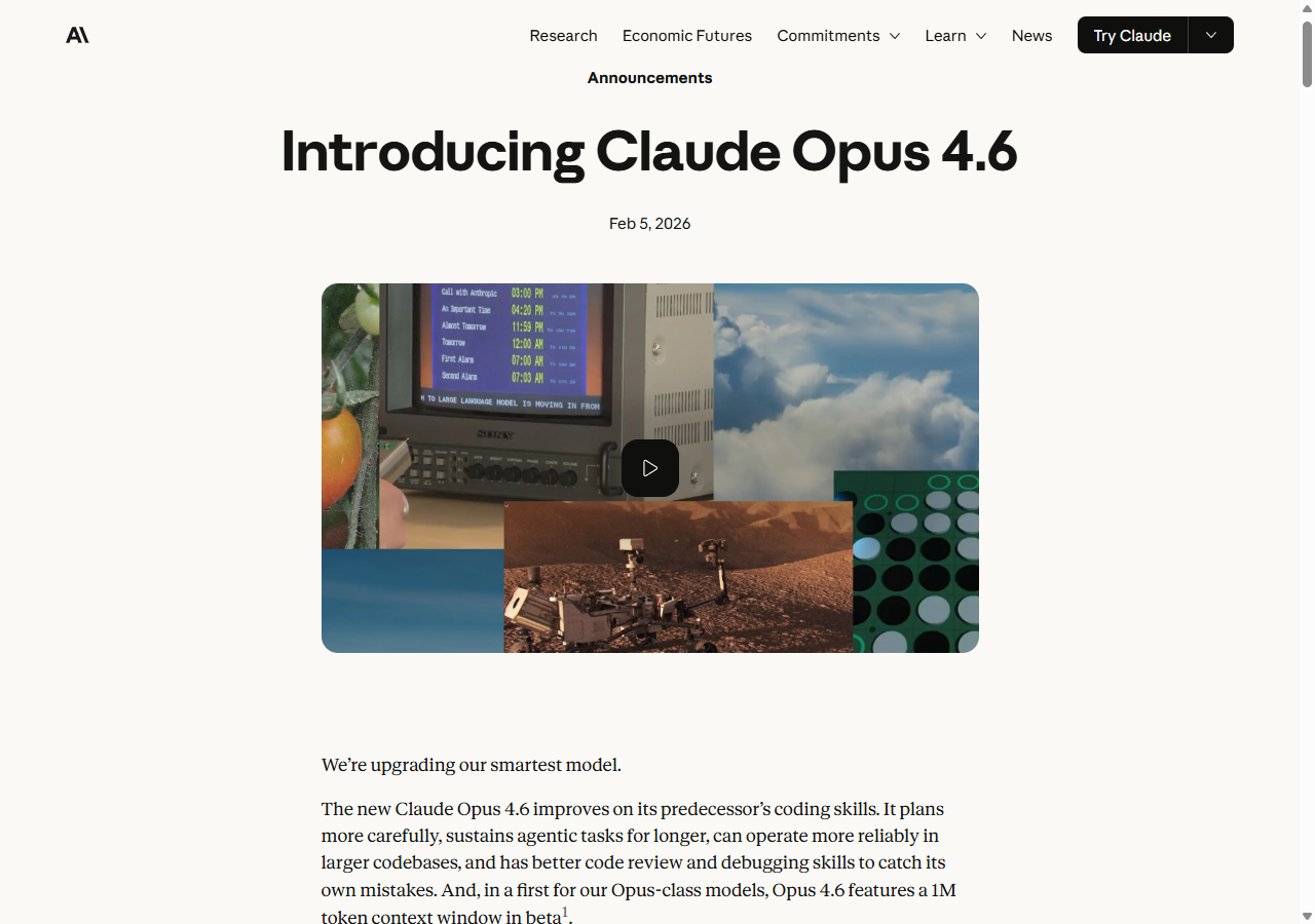 Anthropic announcement page for Claude Opus 4.6