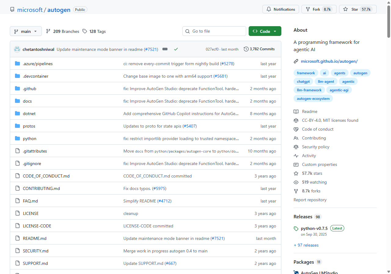 AutoGen GitHub repo with 57.7k stars and maintenance banner