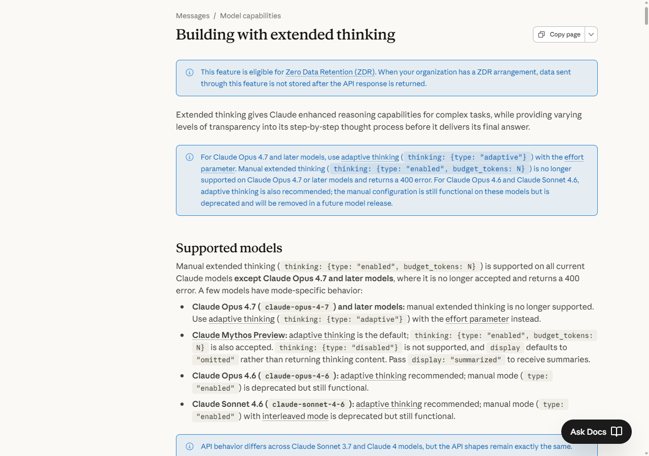 Anthropic docs page on extended thinking