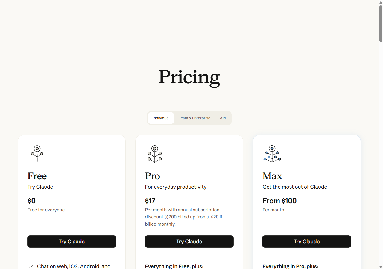 Anthropic's pricing page showing Free / Pro / Max tiers