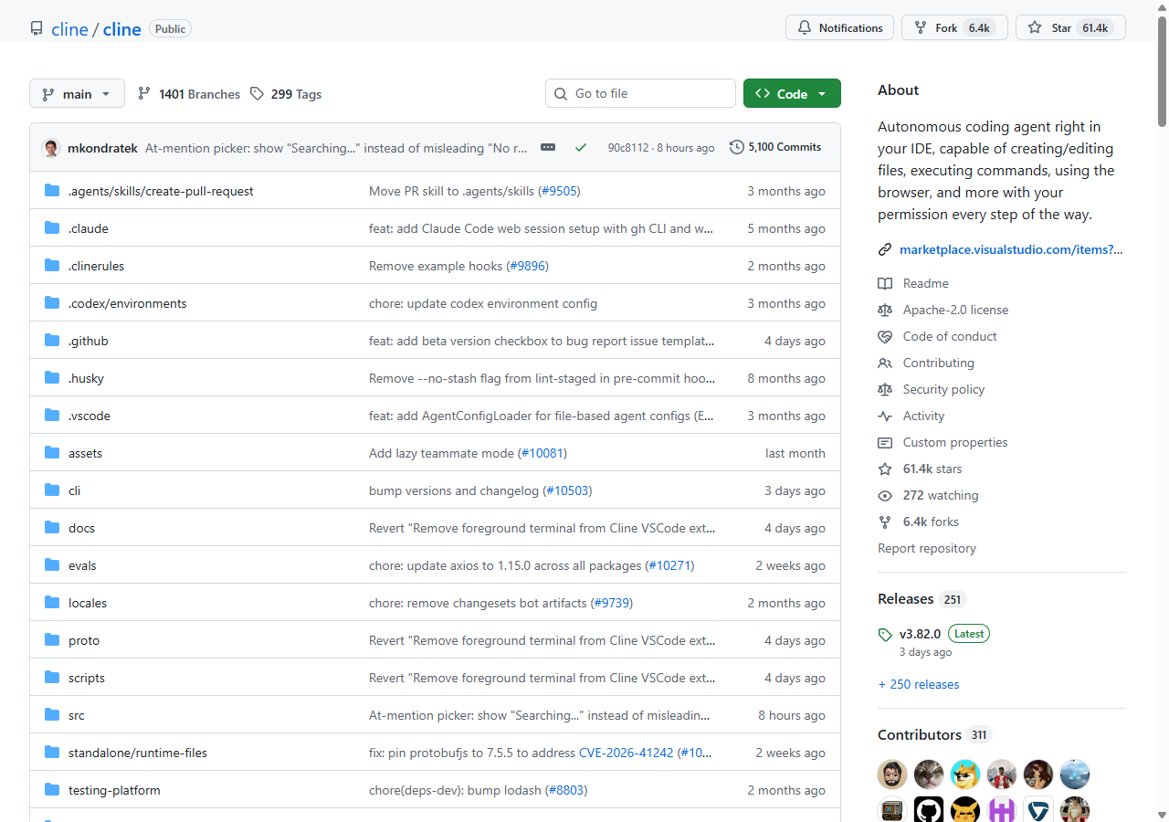 Cline GitHub repo with 61.4k stars and 311 contributors