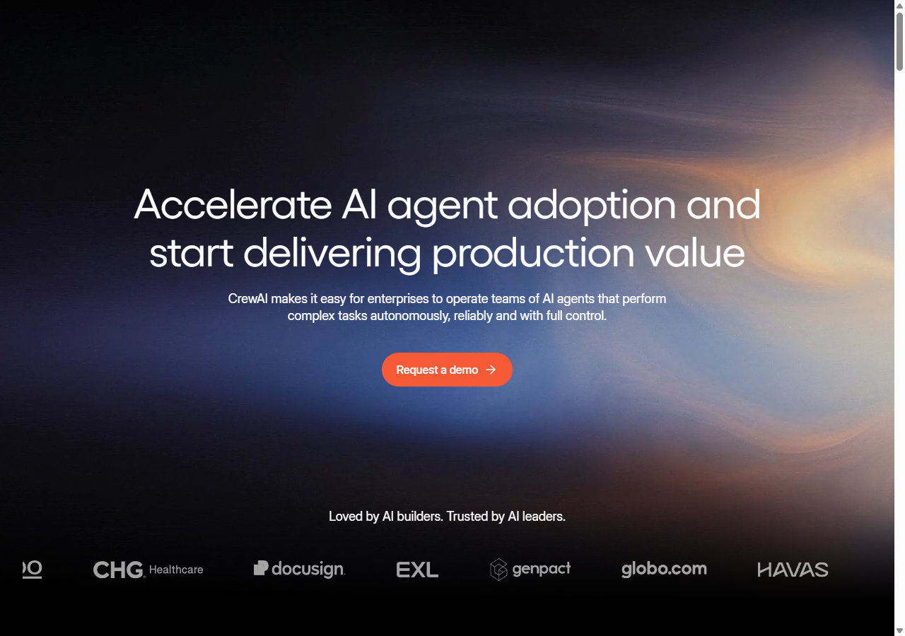 CrewAI homepage with enterprise customer logos