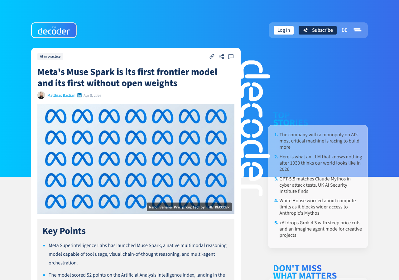 The Decoder coverage: Meta's Muse Spark first frontier model without open weights