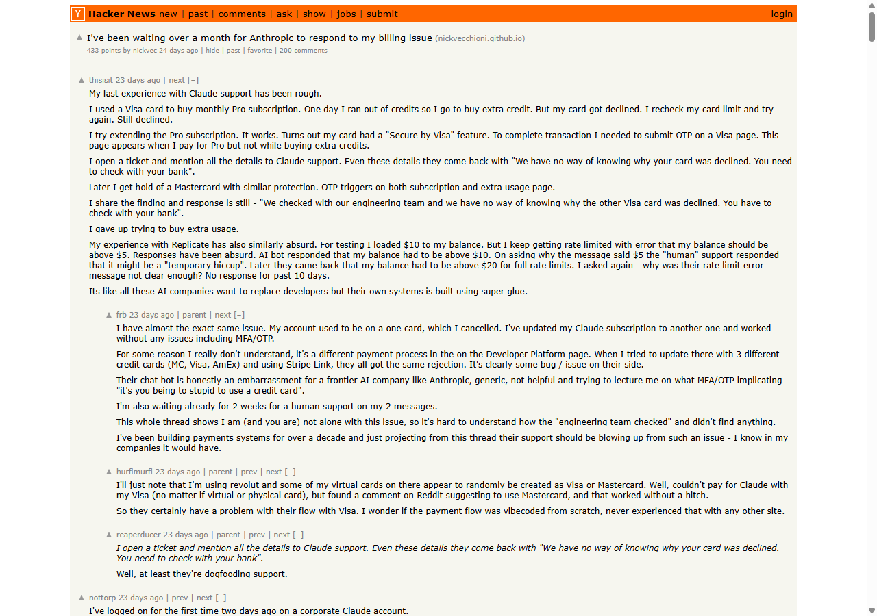 Hacker News thread top — 433 points 200 comments — with replies confirming the same Anthropic support failures