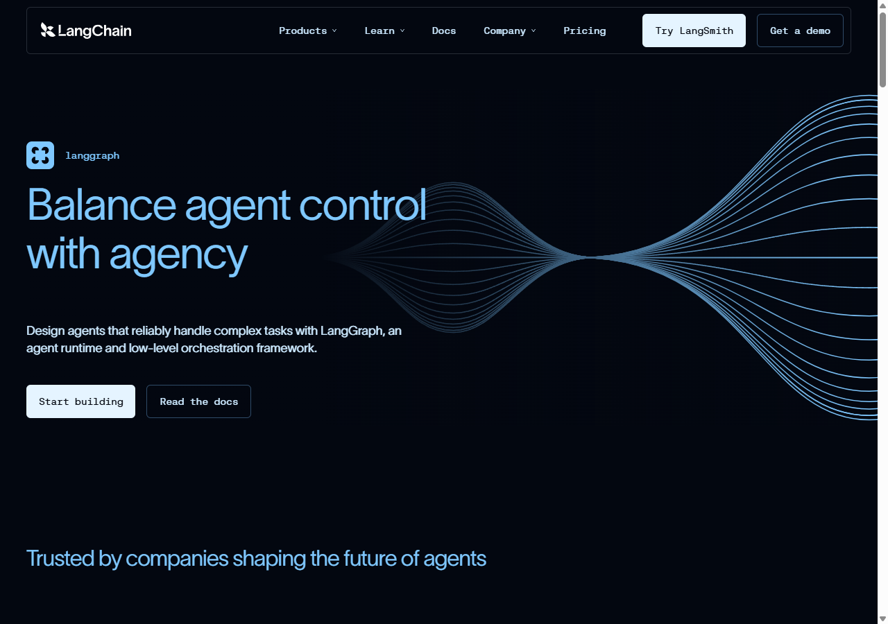 LangGraph homepage with wave visualization