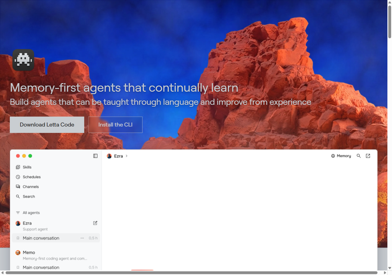 Letta homepage with desktop interface preview