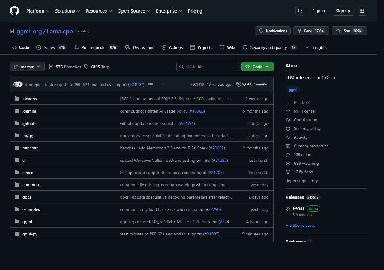 llama.cpp GitHub repo with 109k stars