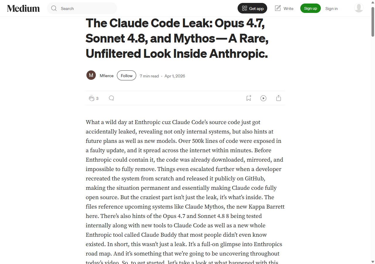 Medium article: The Claude Code Leak — Opus 4.7, Sonnet 4.8, Mythos