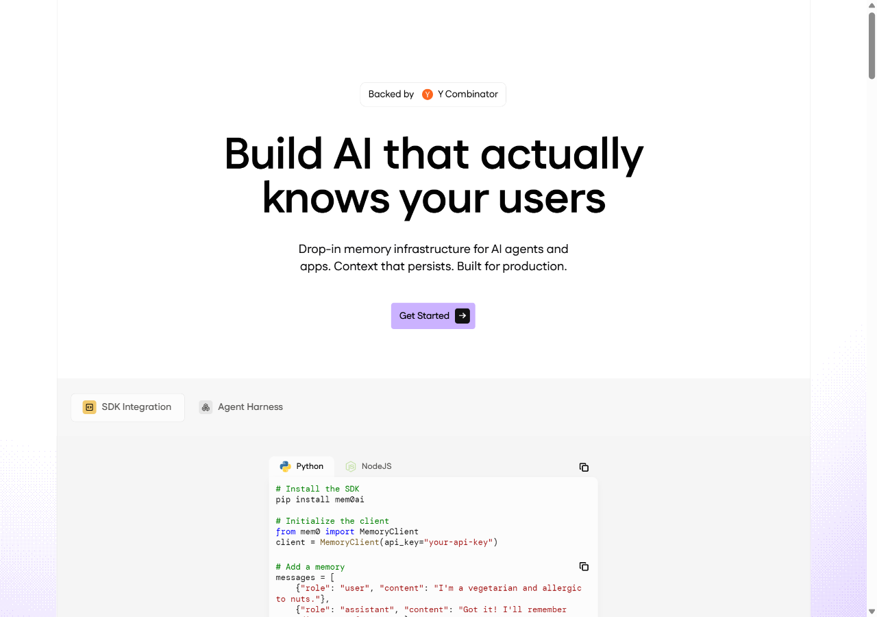 Mem0 homepage with code snippet