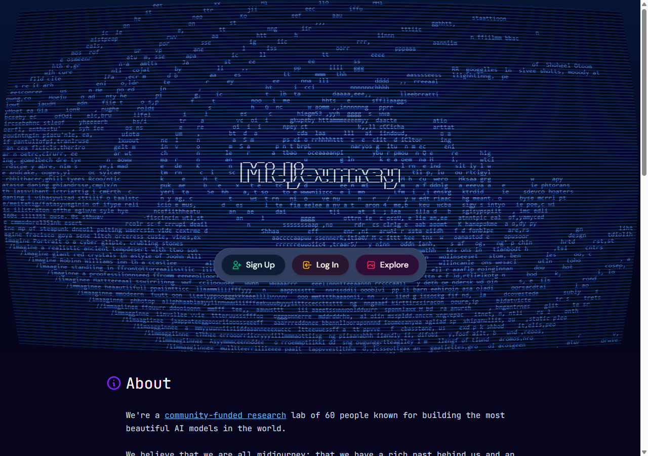 Midjourney homepage with ASCII-art branding