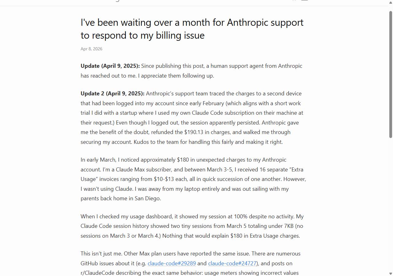 Screenshot of Nick Vecchioni's blog post about waiting over a month for Anthropic billing support