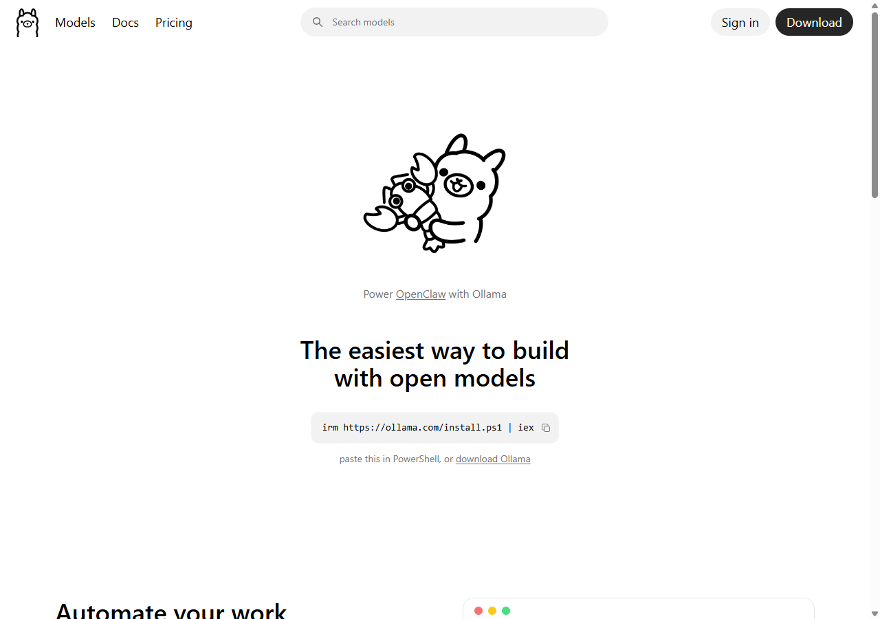 Ollama homepage with one-line install command