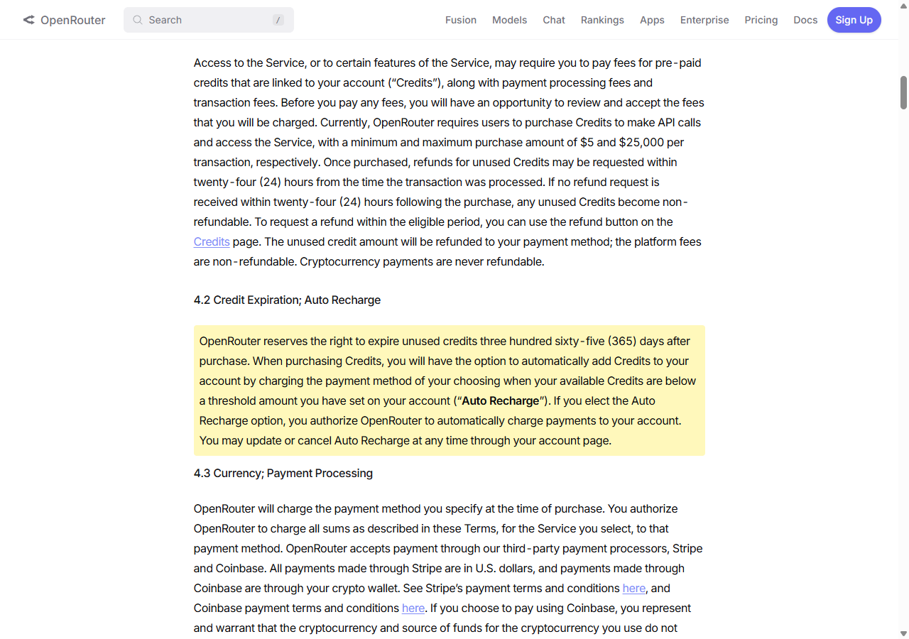 OpenRouter Terms of Service section 4.2 stating credits expire 365 days after purchase