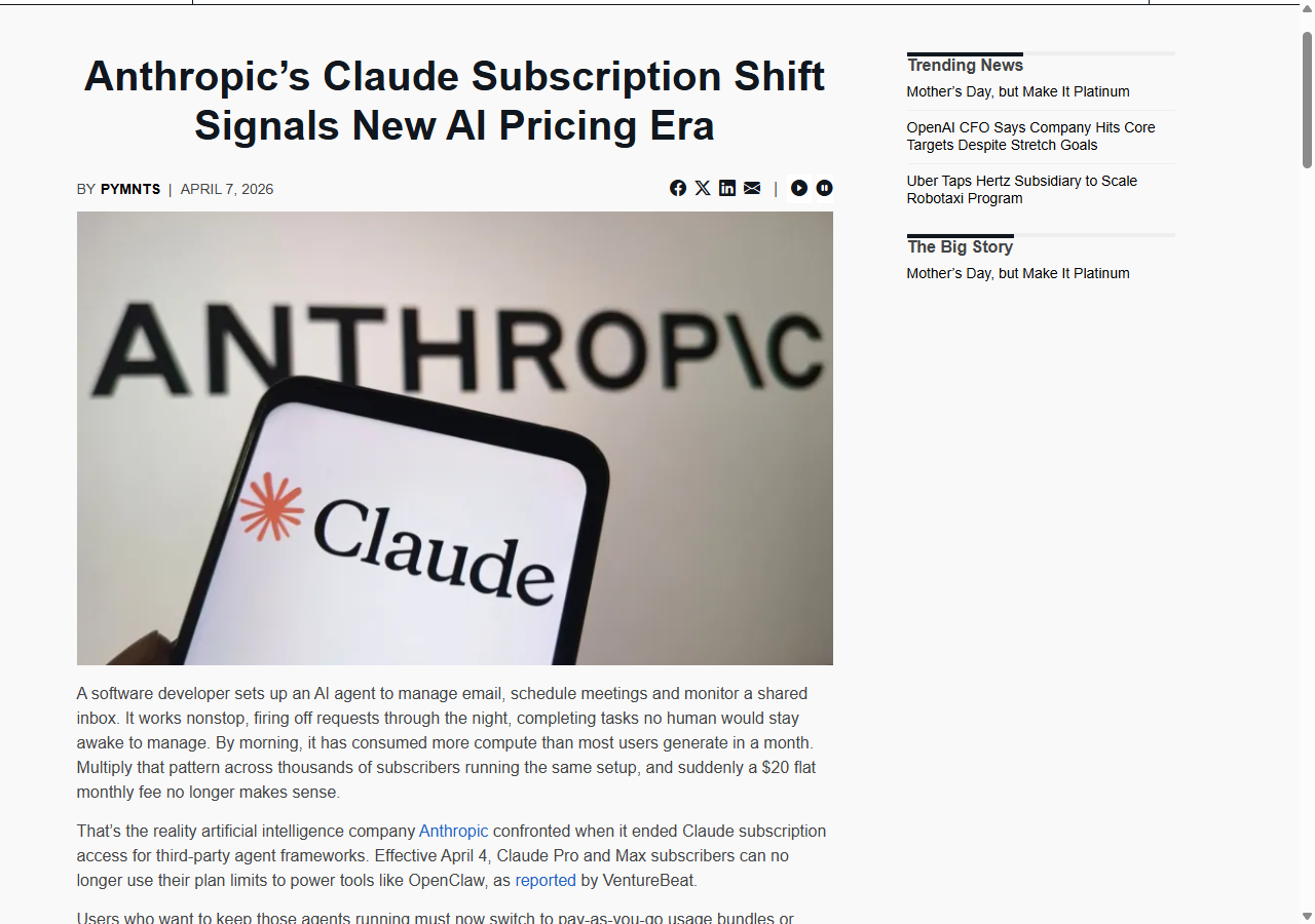 PYMNTS report on Anthropic ending Claude subscription access for third-party agents