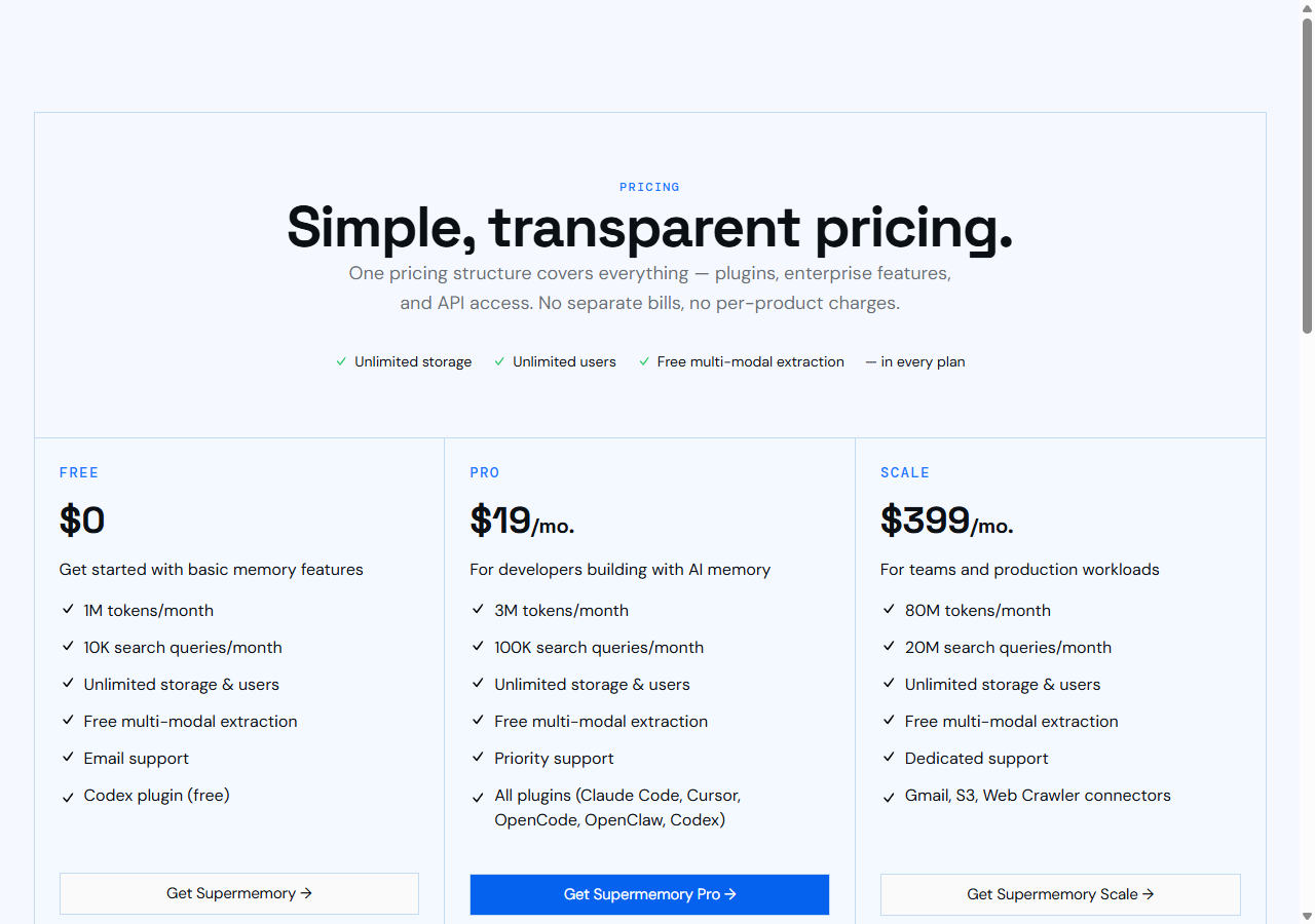 Supermemory pricing — three tiers visible: Free, Pro $19/mo, Scale $399/mo