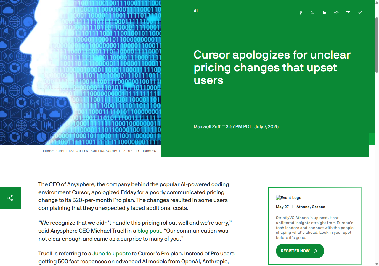 TechCrunch headline: Cursor apologizes for unclear pricing changes