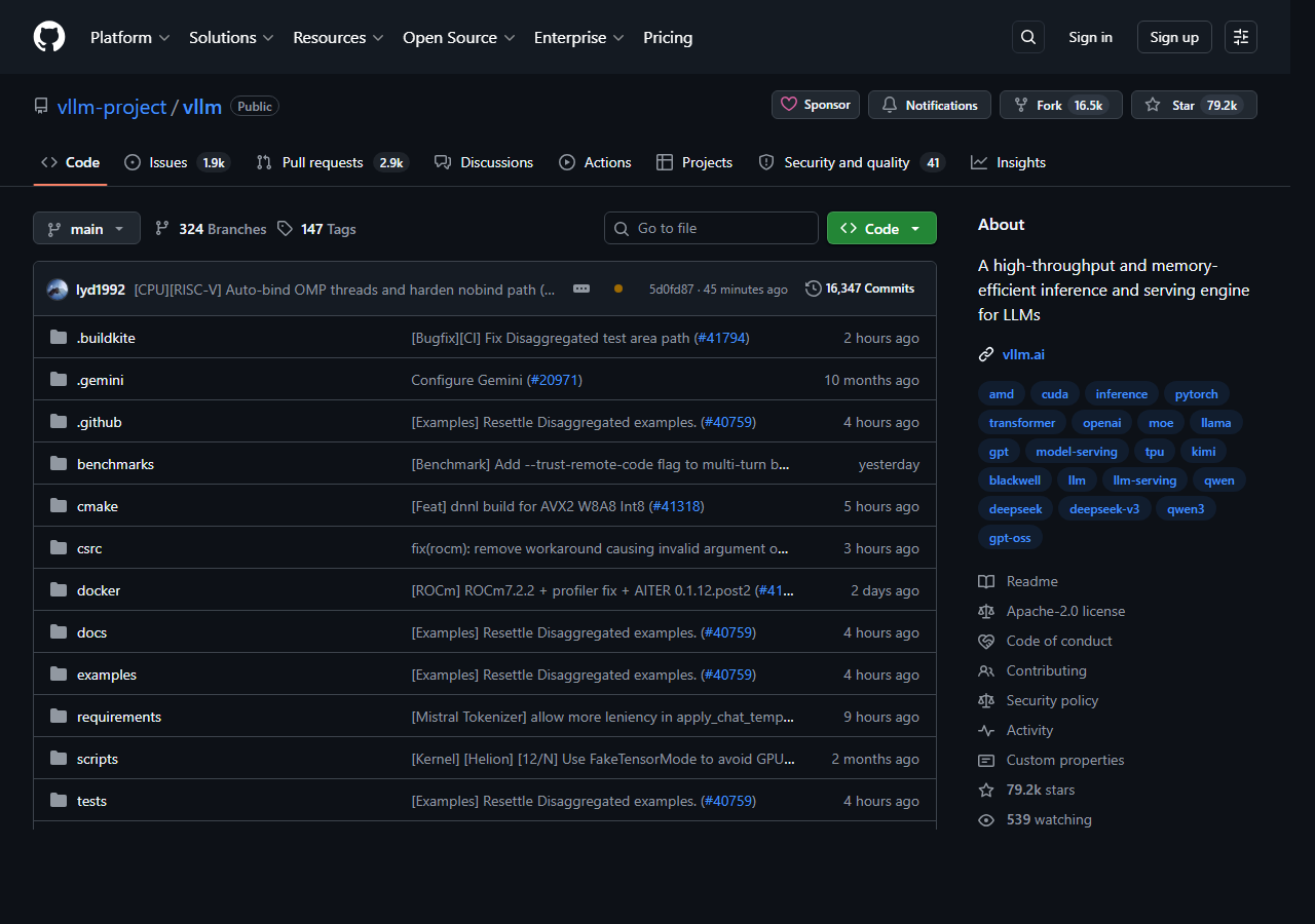 vLLM GitHub repo with 79.2k stars and tag list