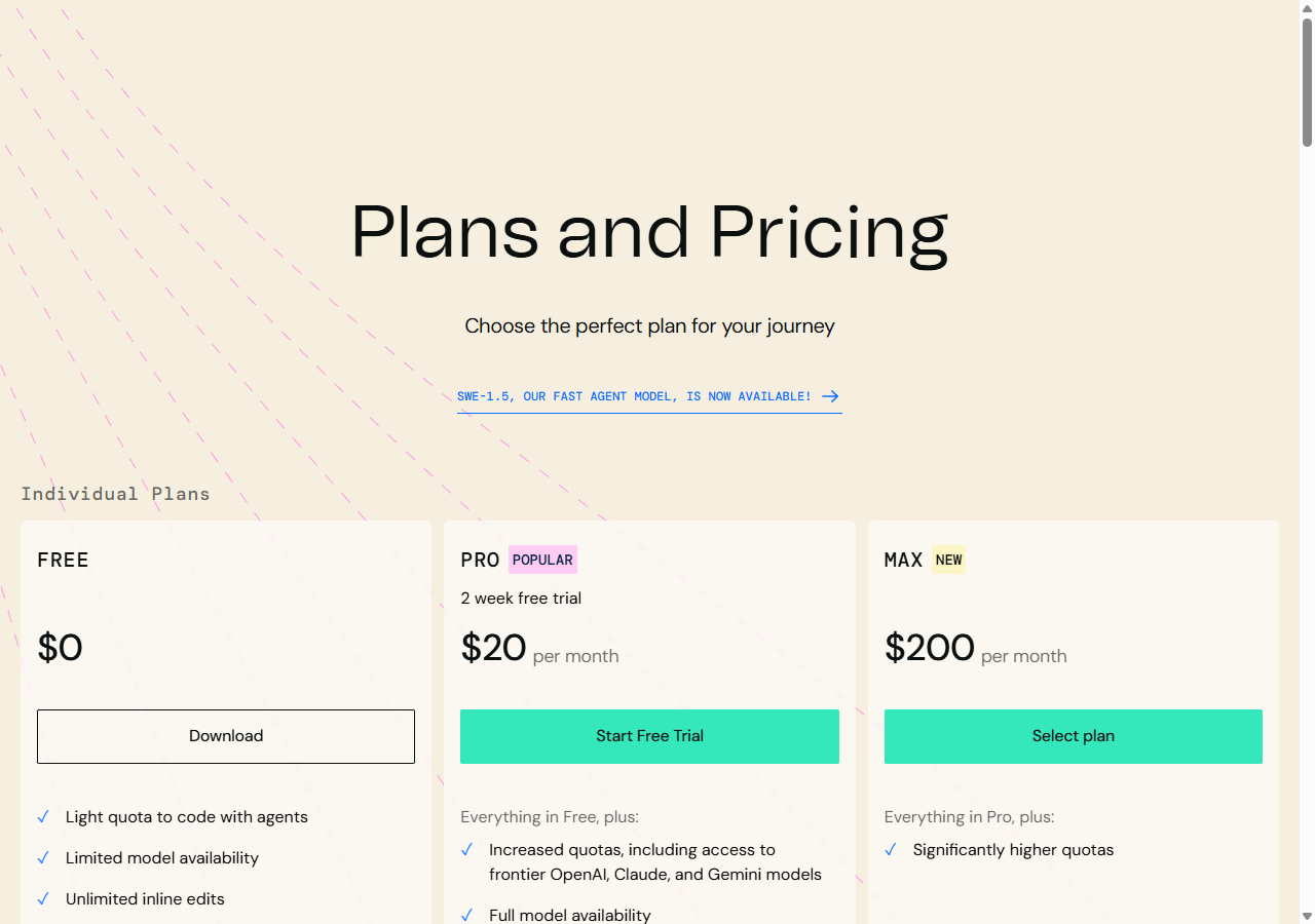 Windsurf pricing page showing Free, Pro $20, and Max $200 tiers