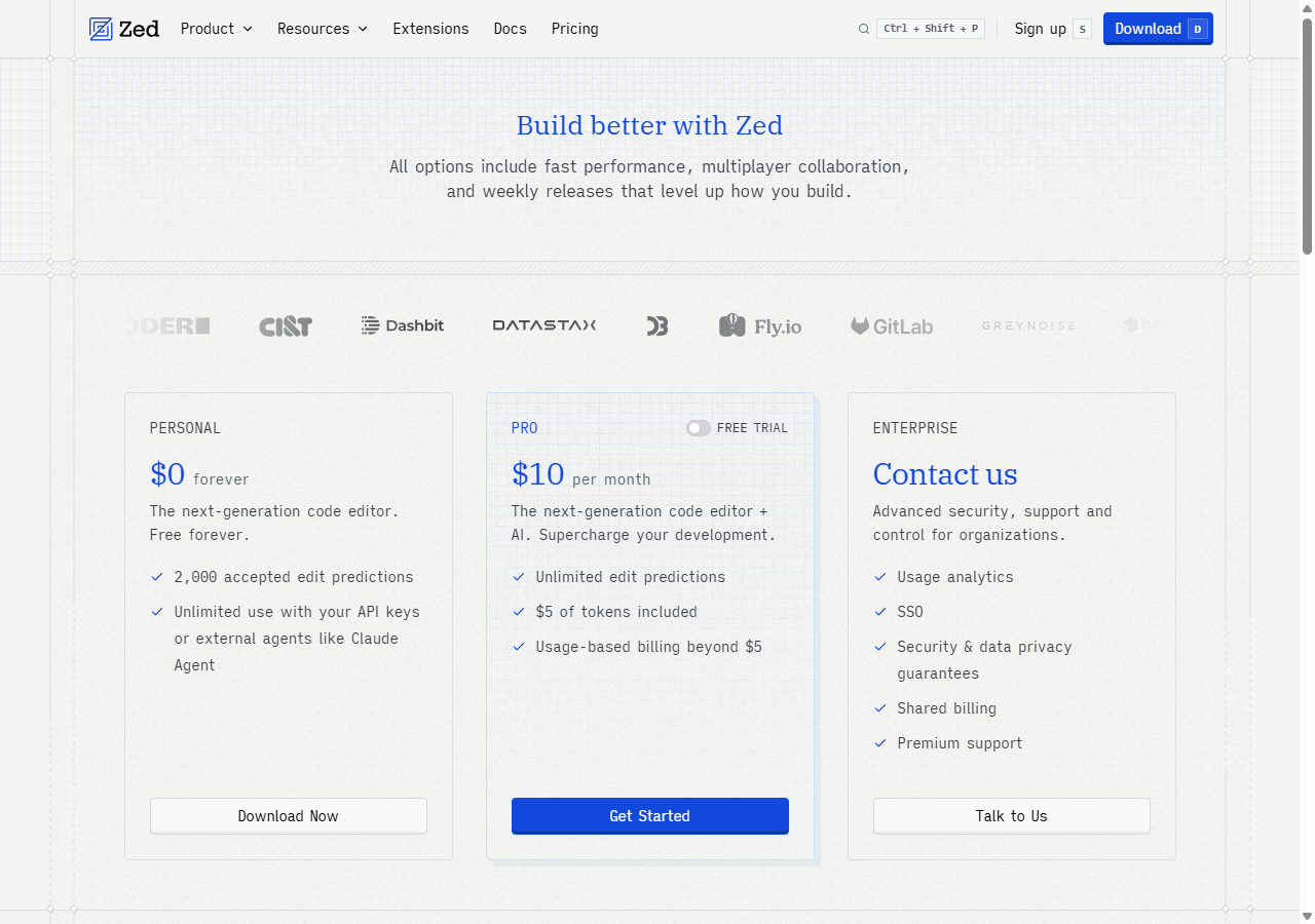 Zed pricing page showing Pro at $10/month with $5 of token credit and usage-based billing beyond